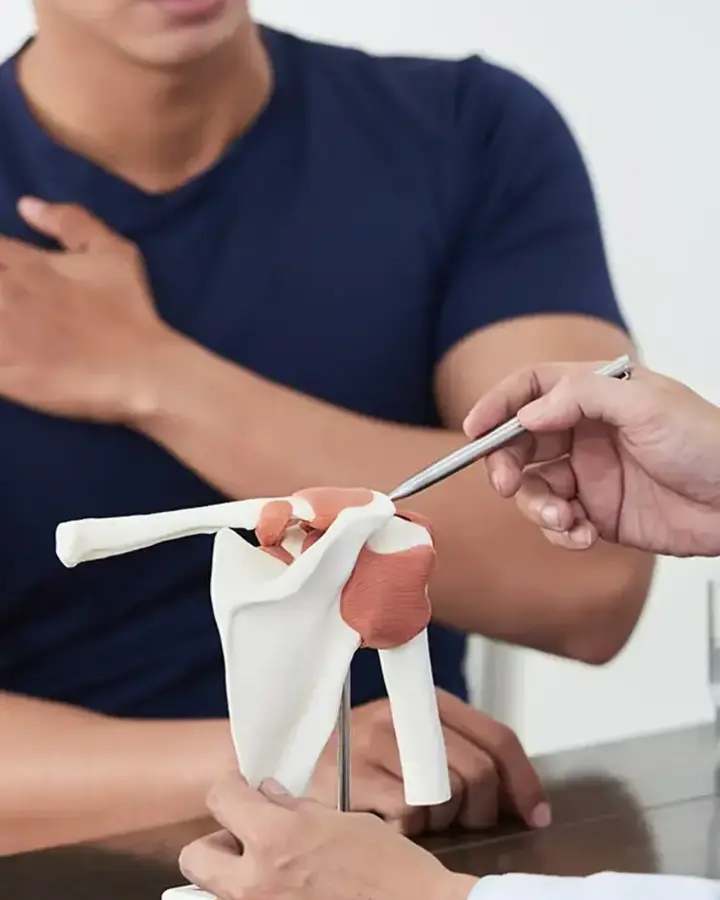 doctor pointing at shoulder model