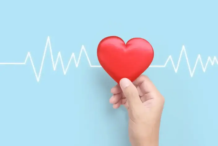 a hand holding a red heart with a heartbeat line